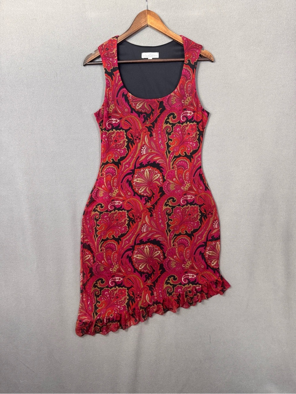 Vintage 90’s Bias Cut Sleeveless Paisley Sheath Dress in Red and Black, Large